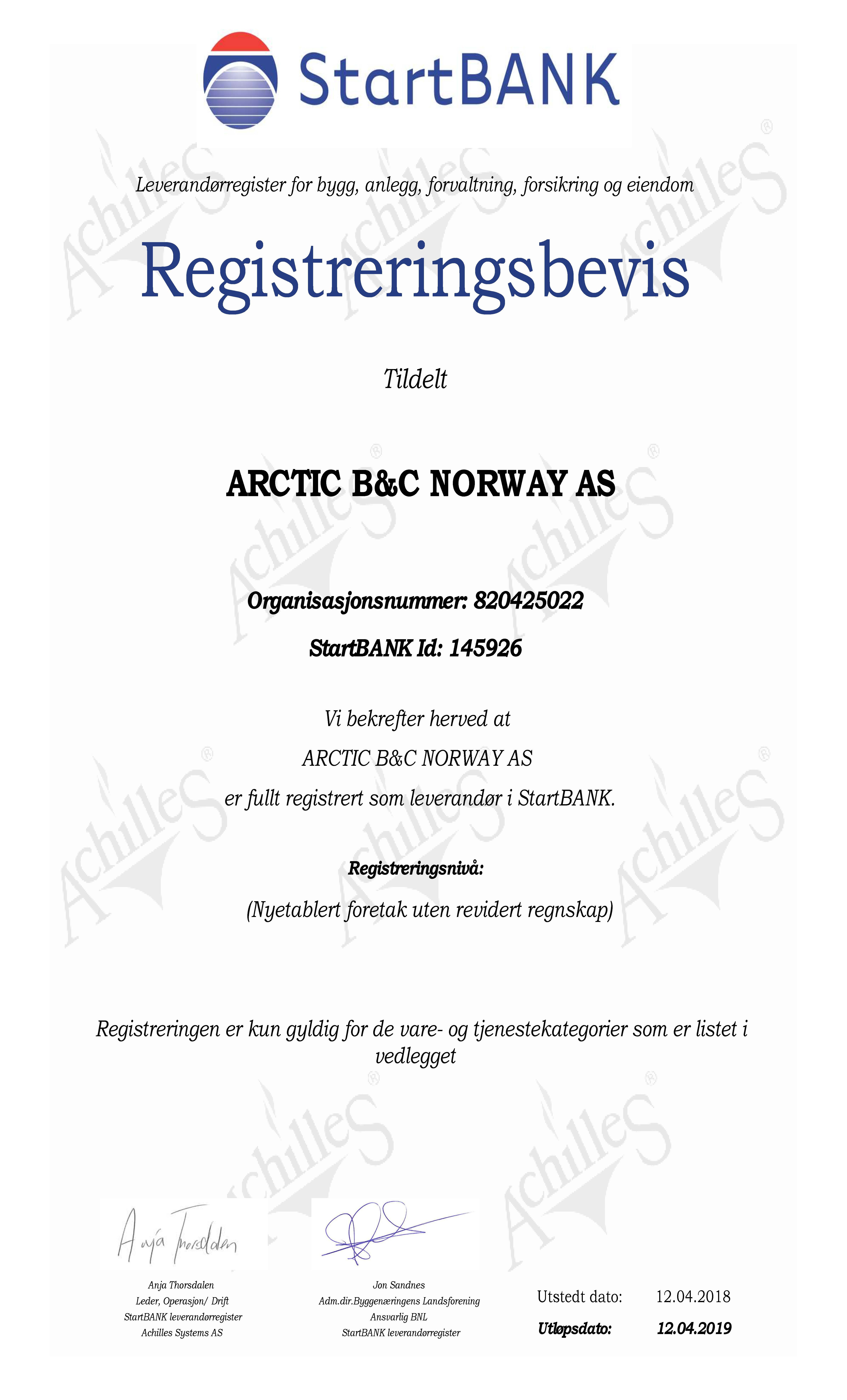 Sertifikat StartBANK for Arctic B&C Norge AS